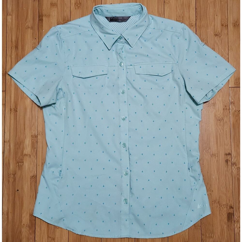 REI Co-Op Sahara Shirt Womens Medium Teal Floral Vented UPF Zip Pocket Button Up